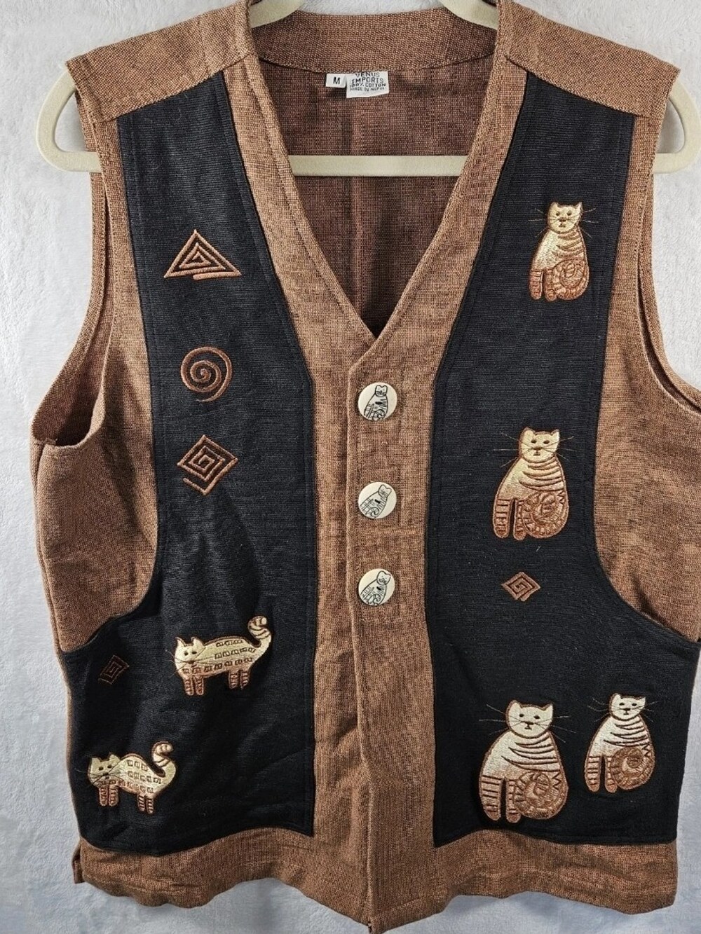 Venus Imports Embroidered Cat Vest 100% Cotton Brown Womens Sz Medium Grannycore